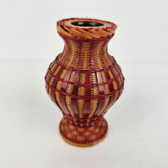 Shanghai Handicrafts Miniature Vase Woven Wicker Rattan Bamboo Basket Vtg Label - Picture 1 of 9